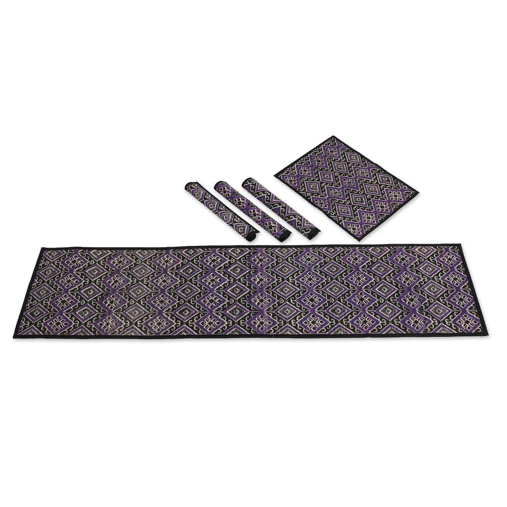 Novica Handmade Purple Diamond Natural Fiber And Cotton Table Runner And Placemats (Set Of 5)