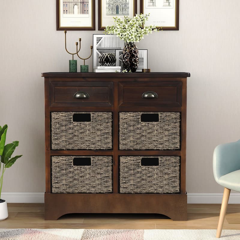 Rustic Storage Cabinet with 2 Drawers and 4 Classic Rattan Basket - 28"L×11.8"W×28"H - Espresso