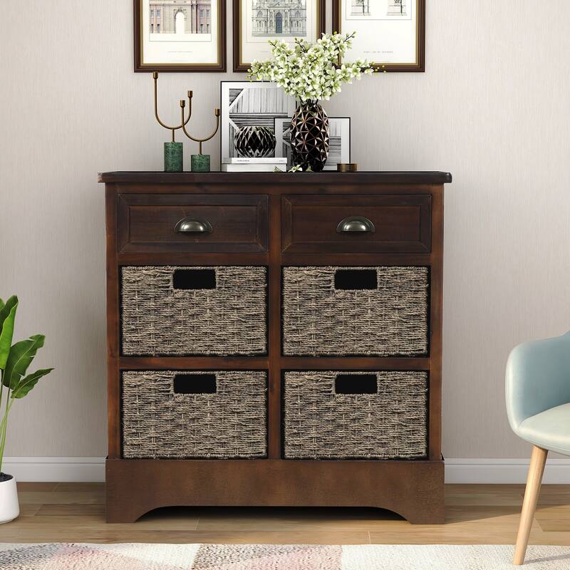 Rustic Storage Cabinet with Two Drawers and Four Classic Rattan Basket for Dining Room, Living Room - Espresso