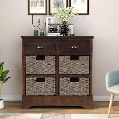 Rustic Storage Cabinet with Two Drawers and Four Classic Rattan Basket for Dining Room/Living Room