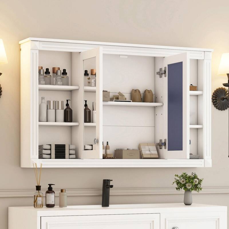 47-Inch Bathroom Mirror Cabinet with Storage, Adjustable Shelf, Open Shelves