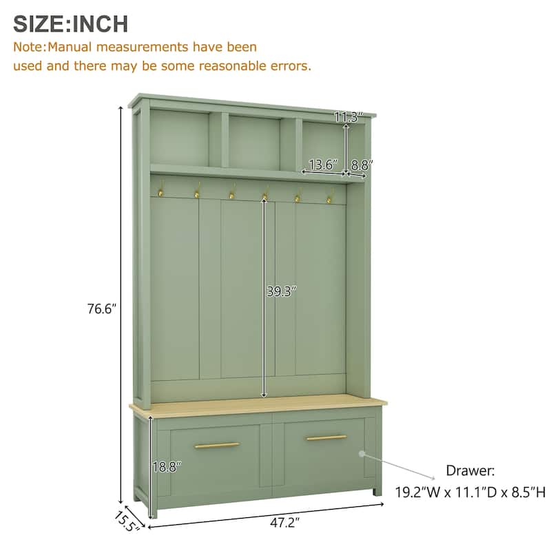 4-in-1 Hall Tree with 6 Golden Hooks Wooden Bench 2 Drawers for Entryway