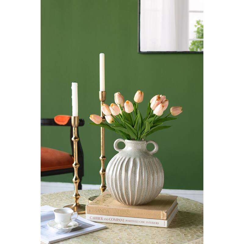 9x9x10" Decorative Round Ceramic Flower Vase with Small Handles and Textured Motif, Gold - Gold,Gray