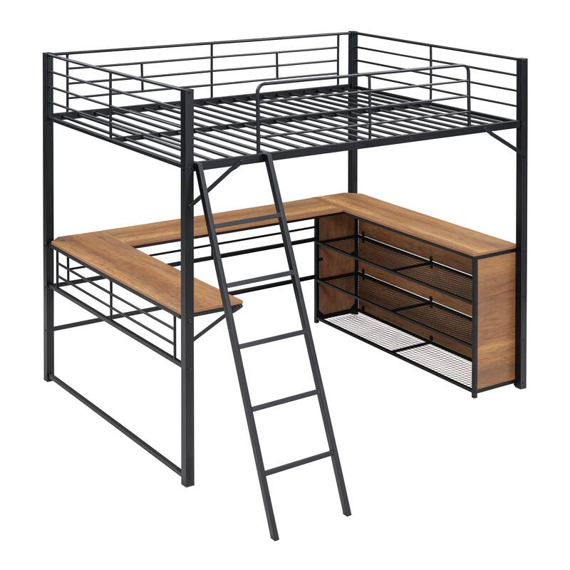Full Size Metal Loft Bed with L-Shaped Desk and 3-Tier Shelves, Black