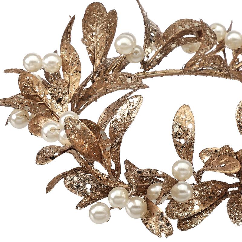 4.5" ID Gilded Leaf Candle Ring With Pearls Set of 2