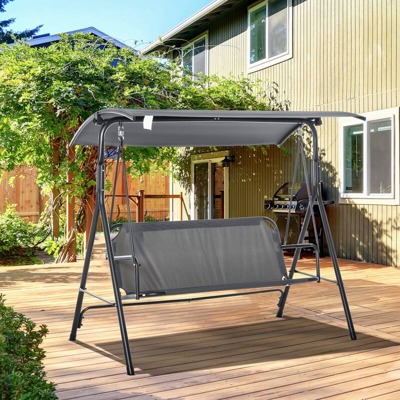 3-Person Porch Swing with Stand, Outdoor Swing for Patio Porch with Adjustable Tilt Canopy and Comfortable Swing Bench - Gray