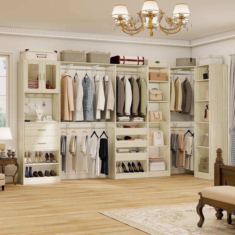 100" × 100" Closet System With Door and Wooden Drawers, Closet Organizer with 5 Hanging Rods and 20 Storage Shelves