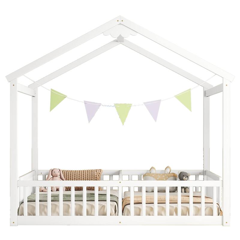 Twin Size Pine Wood House-Style Floor Panel Bed with Fence and Guardrails - No Door Version