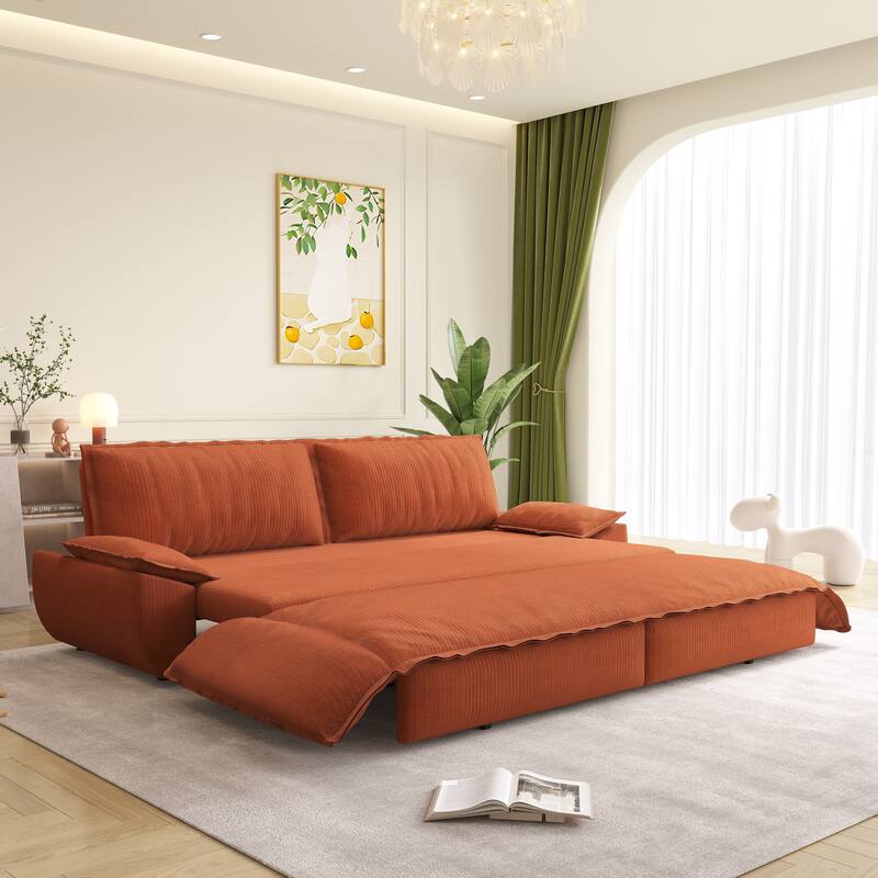 73.2" Convertible Sofa Bed, 3-in-1 Sleeper Sofa with Pull-Out Bed, Modern Corduroy Loveseat Couch with Pillow Top Arms - Orange