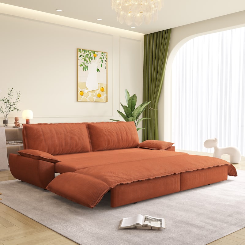 73.2" Queen Pull Out Sofa Bed, 3-in-1 Convertible Sleeper Sofa, Multi-Functional Corduroy Loveseat Bed - Orange - Orange