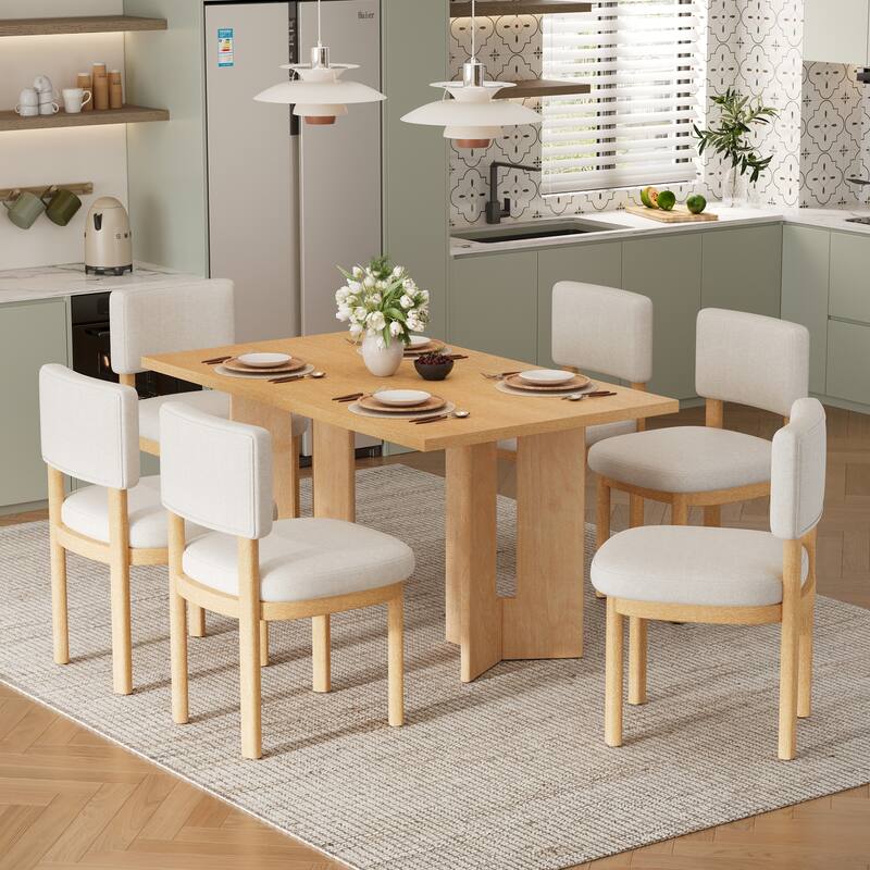 Farmhouse 7-Piece Wood Dining Table Set for 6 Upholstered Chairs Crafted for Comfort and Durability