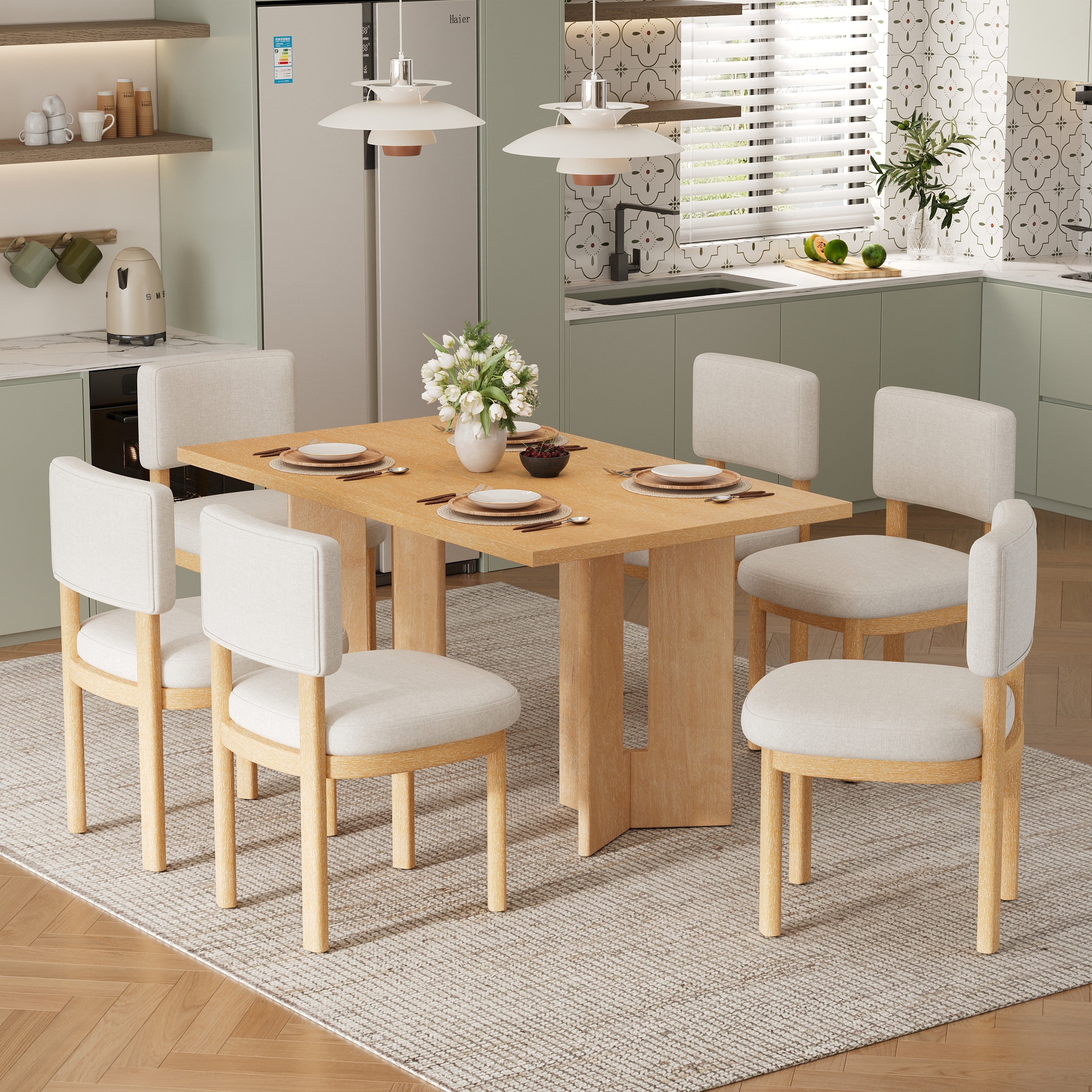 Wood Dining Table Set with 6 Upholstered Chairs & Rectangular Table