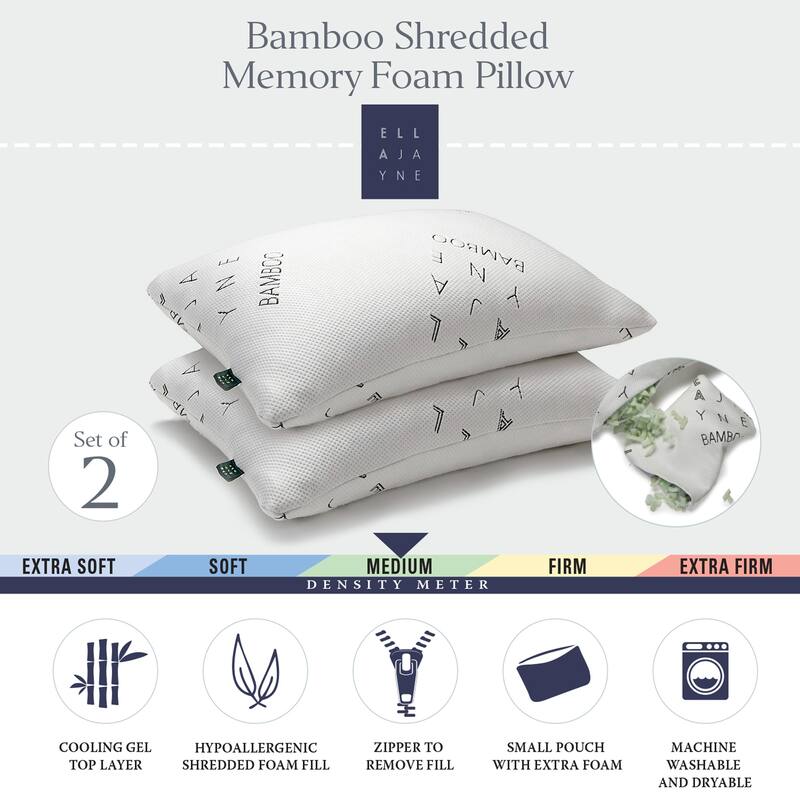 Bamboo Shredded Memory Foam Pillow, Adjustable Density, with Extra Fill and Carry Pouch - White