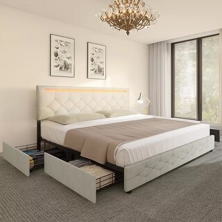 King Size Bed Frame Led Adjustable Headboard 4 Storage Drawers - Bed ...