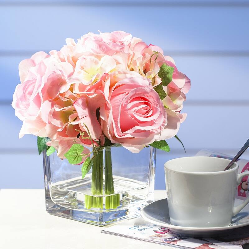 Enova Home Artificial Silk Hydrangea and Fake Roses Flowers Arrangement in Cube Glass Vase with Faux Water for Home Decoration