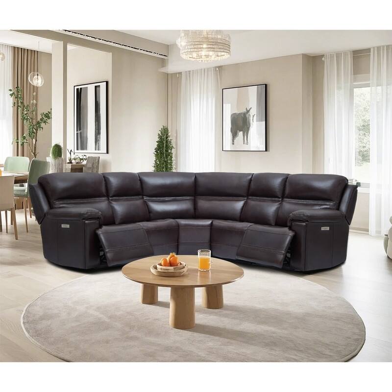 108" W Premium Genuine Leather Dual-Power Sectional Sofa with Zero Gravity, Adjustable Headrest, USB&Type-C Ports - DarkBrown