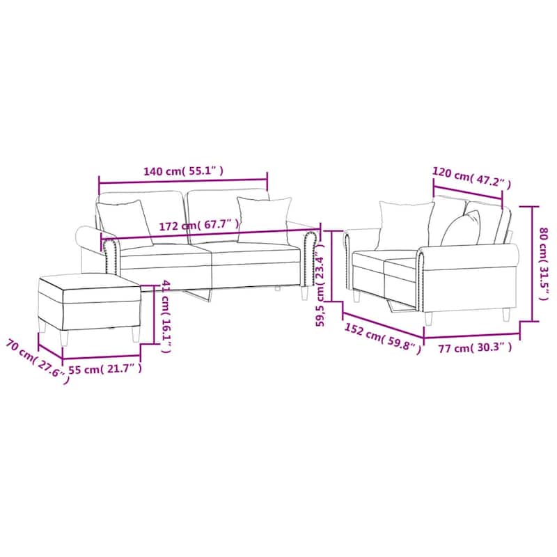 vidaXL Sofa Set Black Velvet, Metal, Plywood Large Sofa Set - 30.3 x 67.7 x 31.5 in