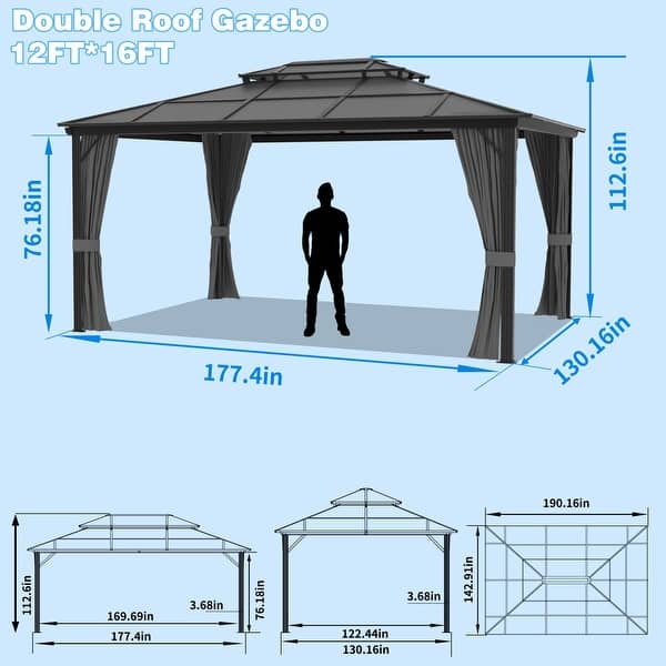VEIKOUS 12' x 16' Aluminum Double Hardtop Gazebo Pergola with Grey Curtains and Netting