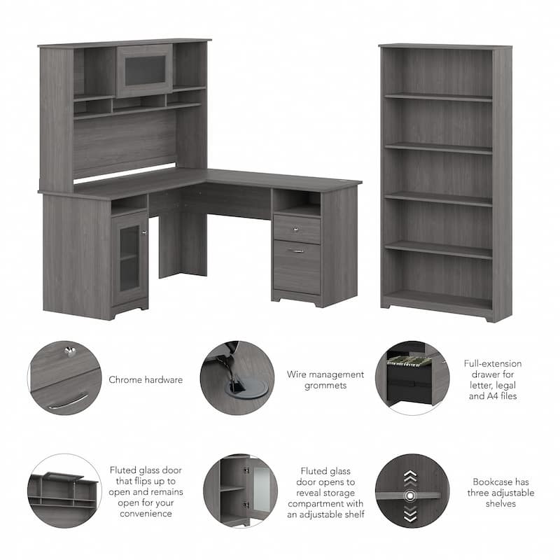 Cabot 60W L-Desk with Hutch and 5 Shelf Bookcase by Bush Furniture