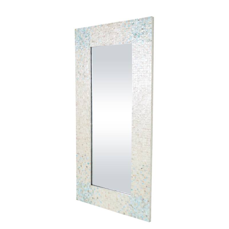Cream Mother of Pearl Shell Handmade Mosaic Room Wall Mirror with Blue Corners