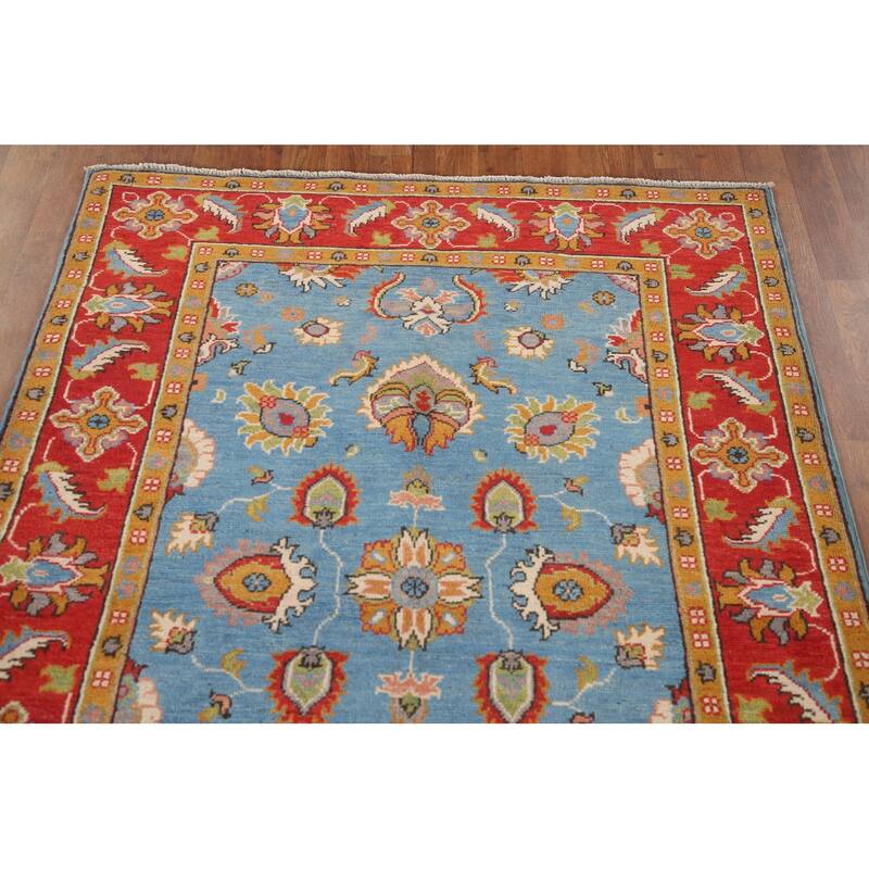 Light Blue Floral Kazak Oriental Area Rug Hand-Knotted Wool Carpet - 4'1"x 6'0"