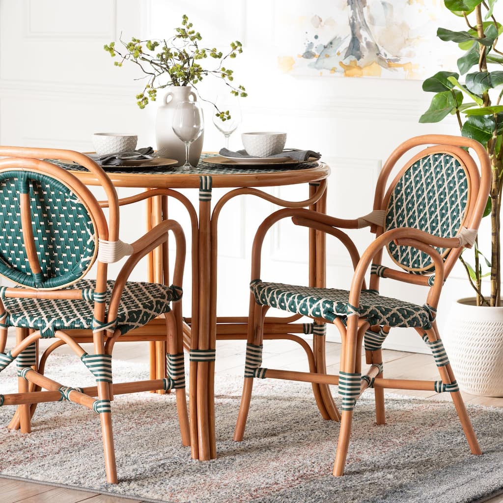 Mattie Rattan Bistro Chair - Handwoven Cafe-Style Dining Chair with Curved Arms for Kitchen or Indoor/Outdoor Lounge
