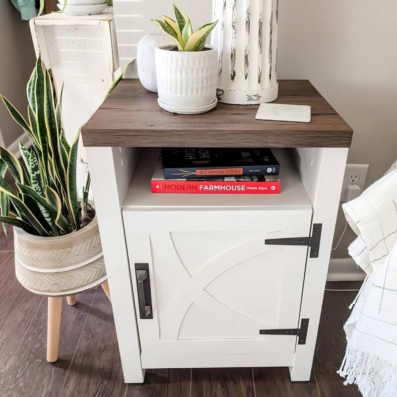 Walnut Barn Door Sofa End Table Nightstand Bedside Table with Storage Shelf