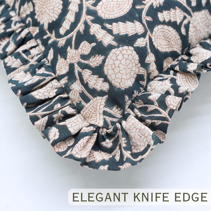 Fabdivine Handmade Block Print Floral Frill Both Side Soft Boho Pure Linen Pillow Cover