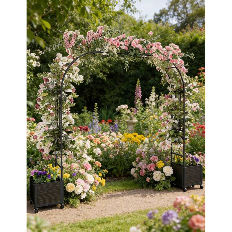 Metal Garden Arch Trellis, with 2 Built-in Planter Boxes - Span 86.6"