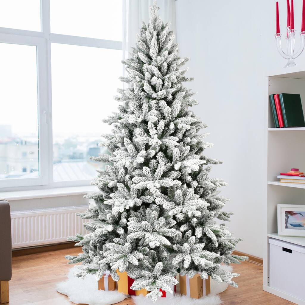 6ft Flocked Christmas Tree with 1100 Tips, Realistic PE+PVC Snowy Hinged Tree with Metal Stand, Full Artificial Xmas Tree