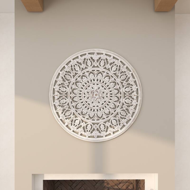 White Wood Handmade Intricately Carved Round Mandala Floral Home Wall Decor
