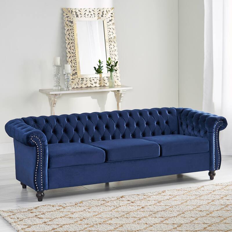 Chesterfield 3-Seater Velvet Sofa with Tufted Back and Nailhead Trim for Living Room - Blue