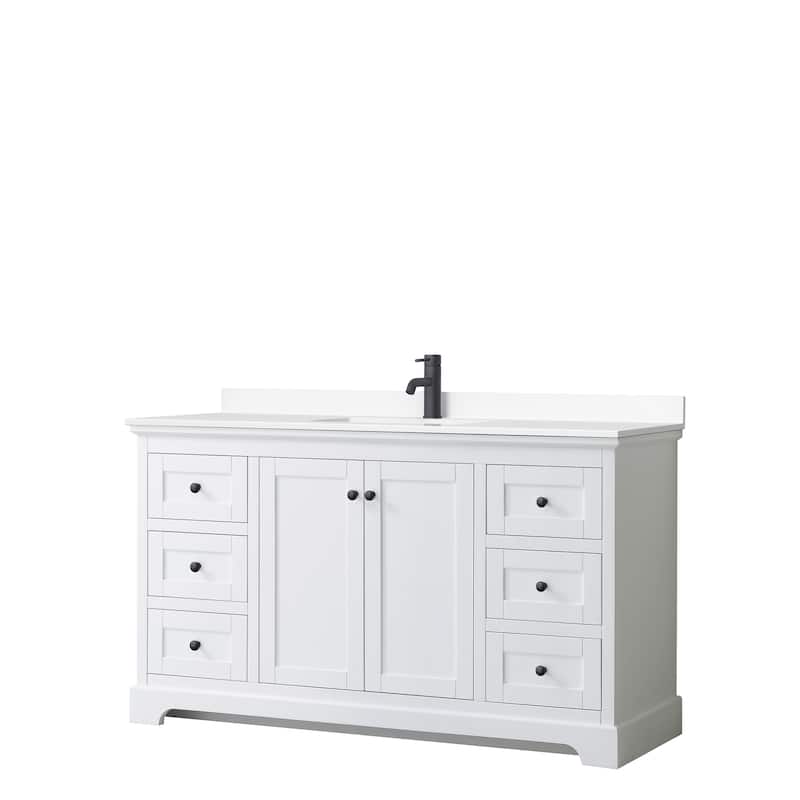 Avery 60 Inch Single Vanity, Cultured Marble Top - White, Black Trim, White Cultured Marble Top