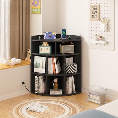 Javlergo Corner Storage Cabinet with USB Charging Station, 8-Cubby Triangle Bookcase Bookshelf