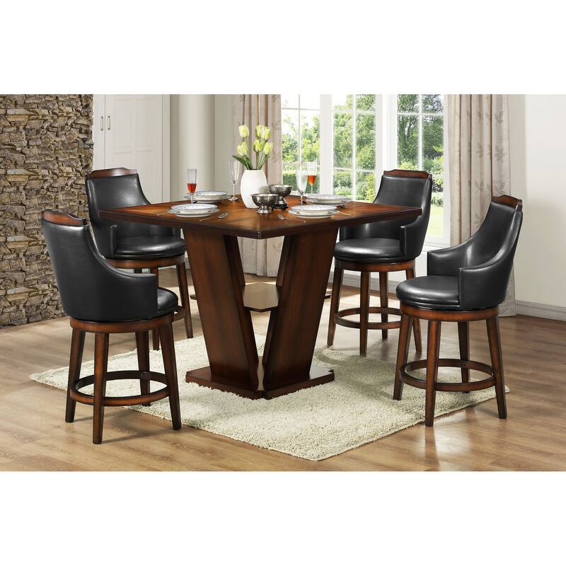Swivel Counter Height Chairs Set of 2, Dark Brown Faux Leather Upholstered Wooden Dining Furniture