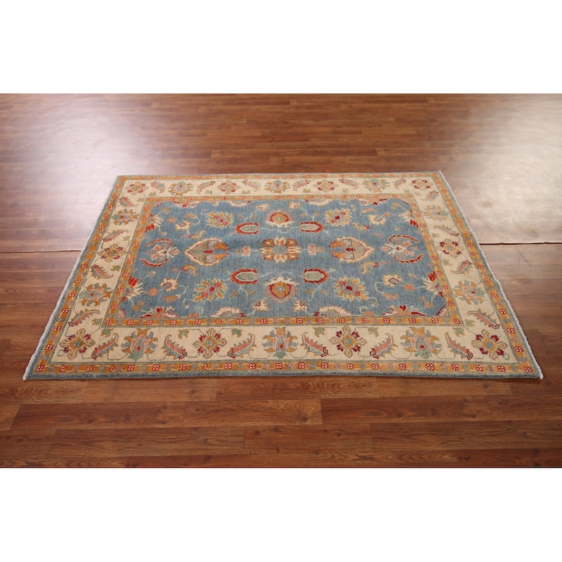 Light Blue Kazak Area Rug Handmade Oriental Wool Carpet - 4'0" x 5'11"