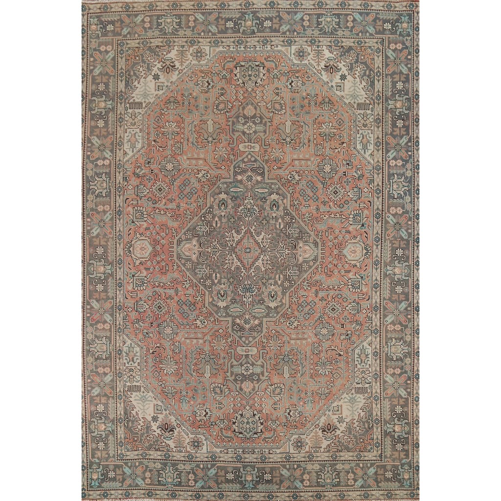 Geometric Tabriz Persian Vintage Area Rug Handmade Coral Wool Carpet - 8'0"x 10'11"