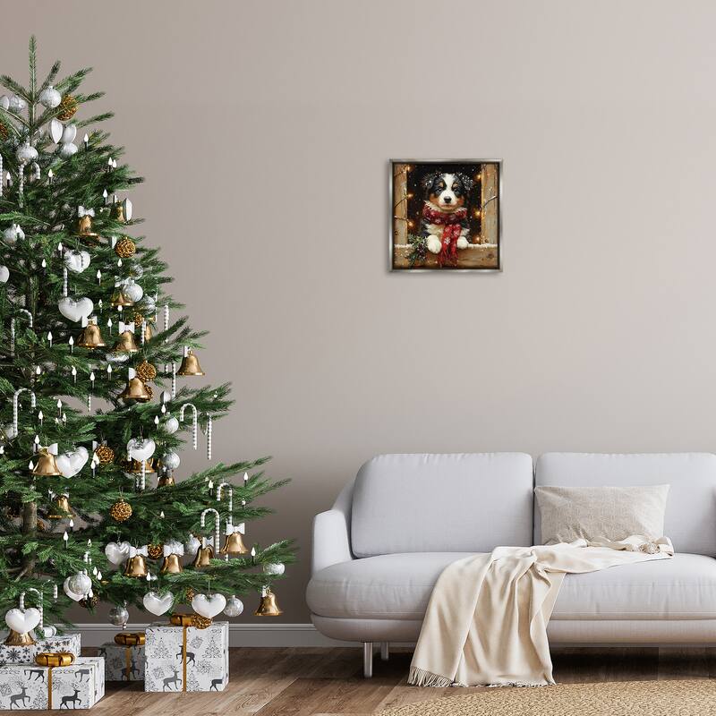Stupell Snowy Christmas Lights Puppy Framed Floater Canvas Wall Art Design By Riley B