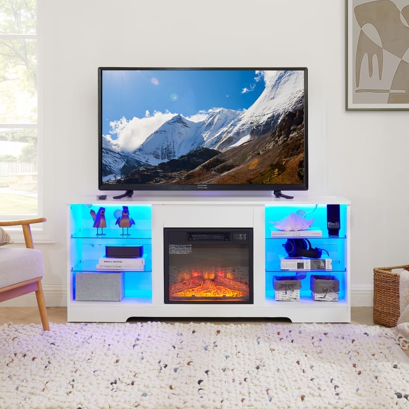58" Modern TV Stand with Electric Fireplace, LED Lights, USB Charging & Glass Shelves for TVs up to 62"