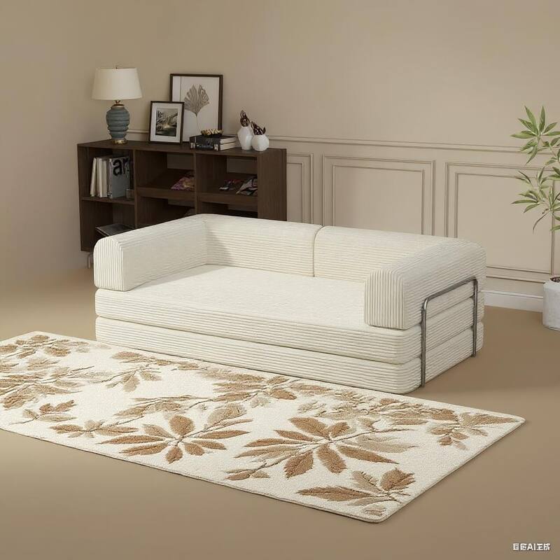 Convertible Corduroy Sleeper Sofa Bed, with Fixed-Shape Frame - Beige