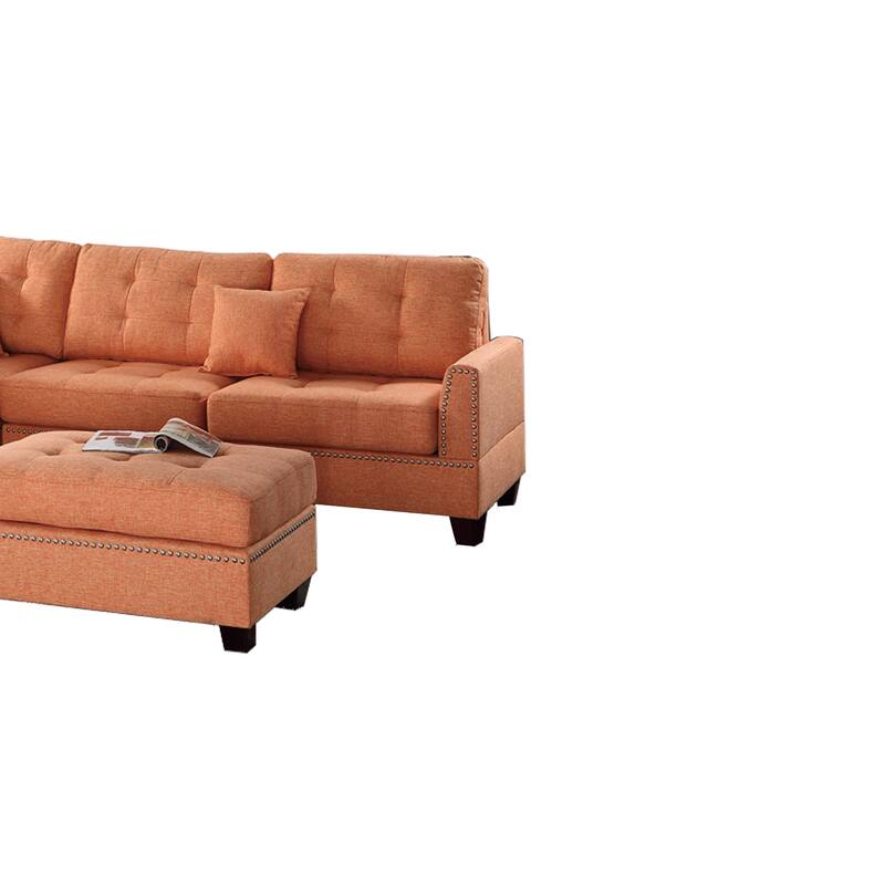 3-Piece Orange Fabric 4-Seater L-Shaped Sectional Sofa with Wood Legs