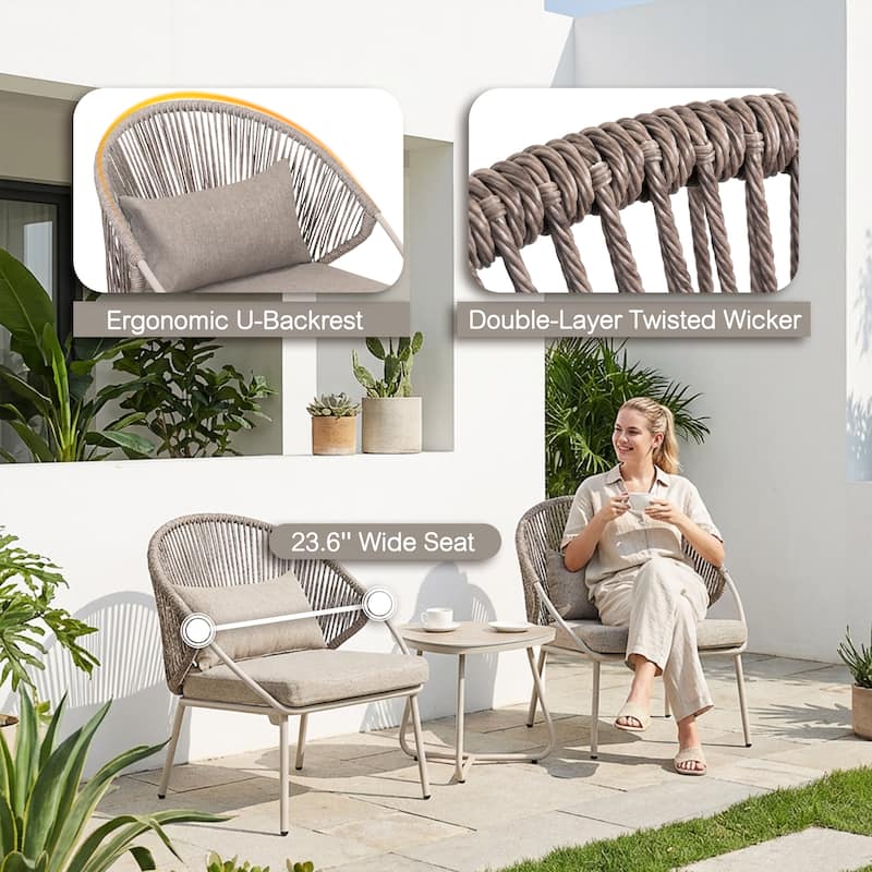 3PCS Metal and PE Wicker Patio Bistro Set with Zippered Cushions, Wood-Grain Tabletop