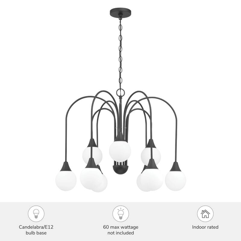 Hunter Valadon Matte Black with Cased White Glass 9-Light Chandelier - Dining, Living, Entry, Kitchen - Contemporary