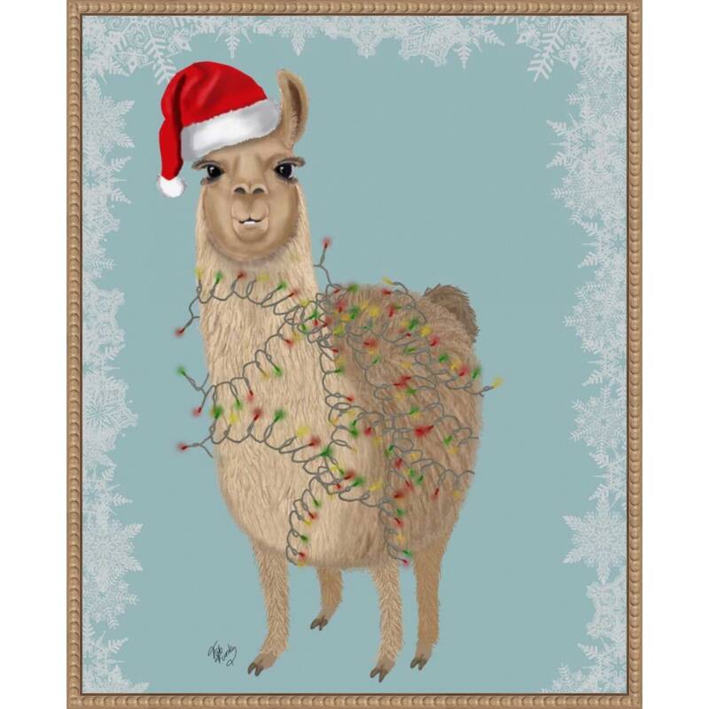 Llama Christmas Lights 2 by Fab Funky (23 x 28 in.), Framed Canvas Wall Art Print - Sylvie Beaded Rustic Natural