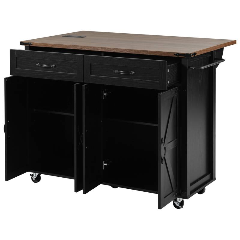 Farmhouse Kitchen Island with Power Outlet and Drop Leaf, Rolling Pantry Storage Cart with Spice Rack and Drawer for Dining Room