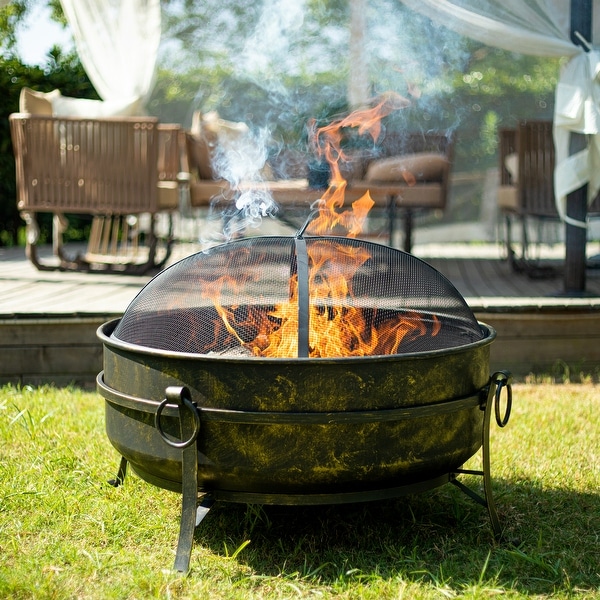 31" Outdoor Wood Burning Fire Pit Cauldron w Metal Grate, Screen, Poker. Opens flyout.