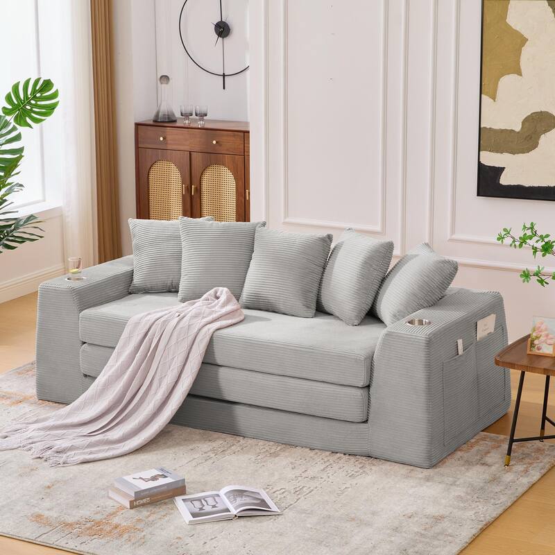 2 in 1 Convertible Sofa Bed, Sleeper Sofa with Storage Pockets, Pull Out Loveseat Couch with Two Cup Holders
