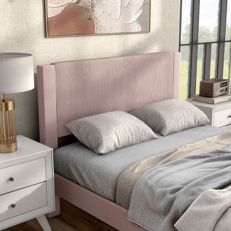 Furniture of America Alyssa Modern Velvet Upholstered Platform Bed with Channel Headboard and Wooden Slats