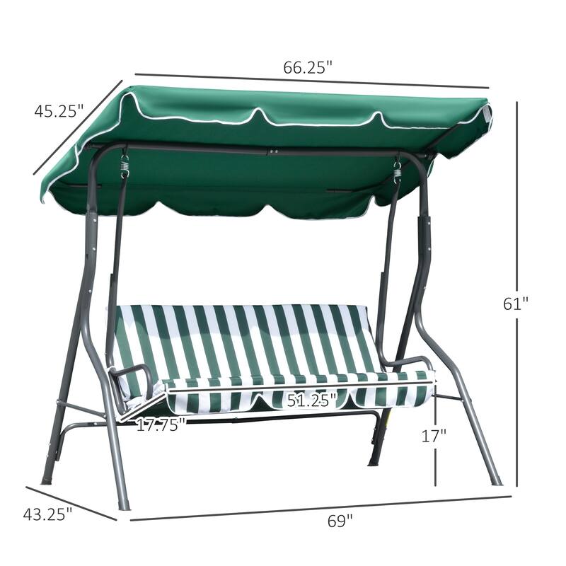 Outsunny 3-Person Porch Swing with Canopy, Patio Swing Chair, Outdoor Canopy Swing Bench with Adjustable Shade, Cushion