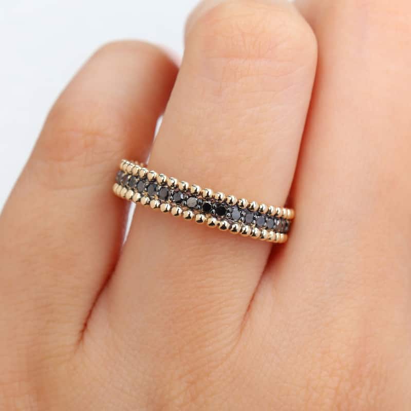 Miadora 3/5ct TDW Black Diamond Beaded Eternity Ring 14k Yellow Gold